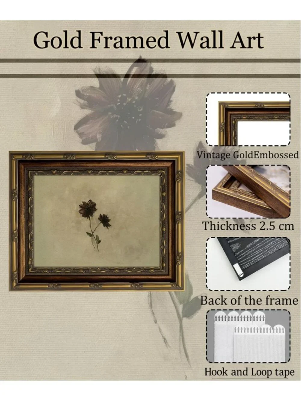 Vintage Gold Framed Floral Wall Art - Antique Botanical Decor for Living Room